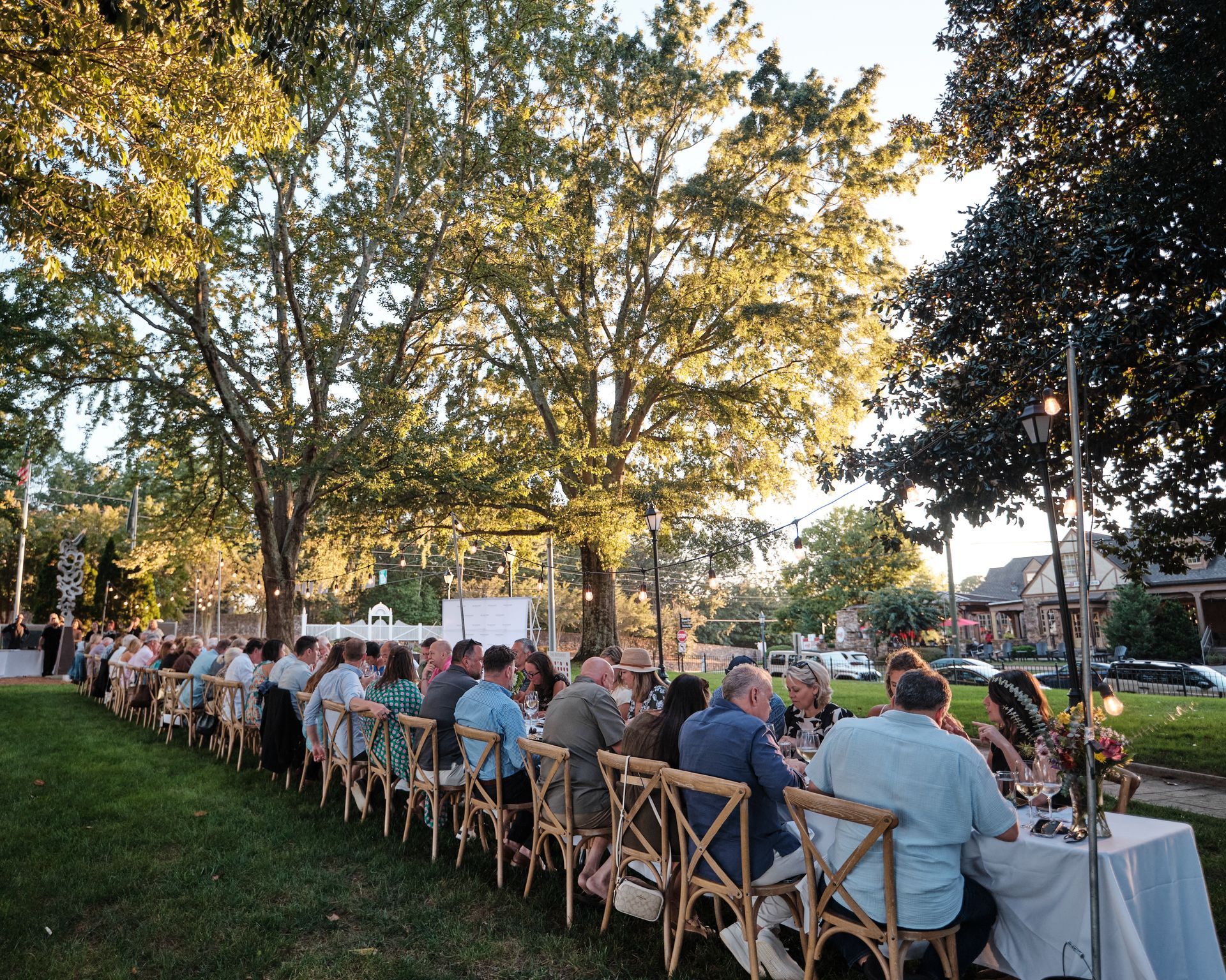 Long outdoor dinner table under trees, people seated, enjoying a meal.