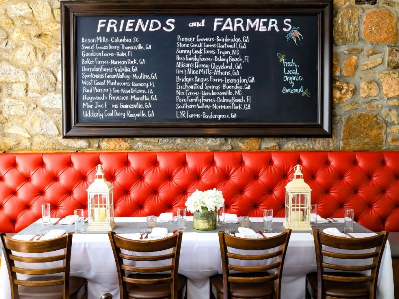 A restaurant with a chalkboard that says friends and farmers