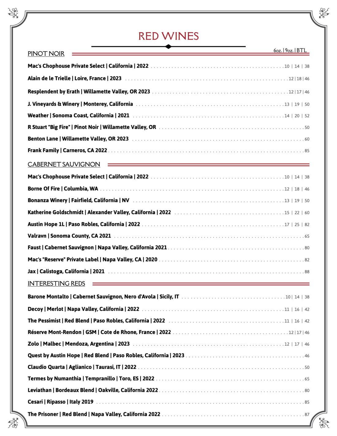 red wine list