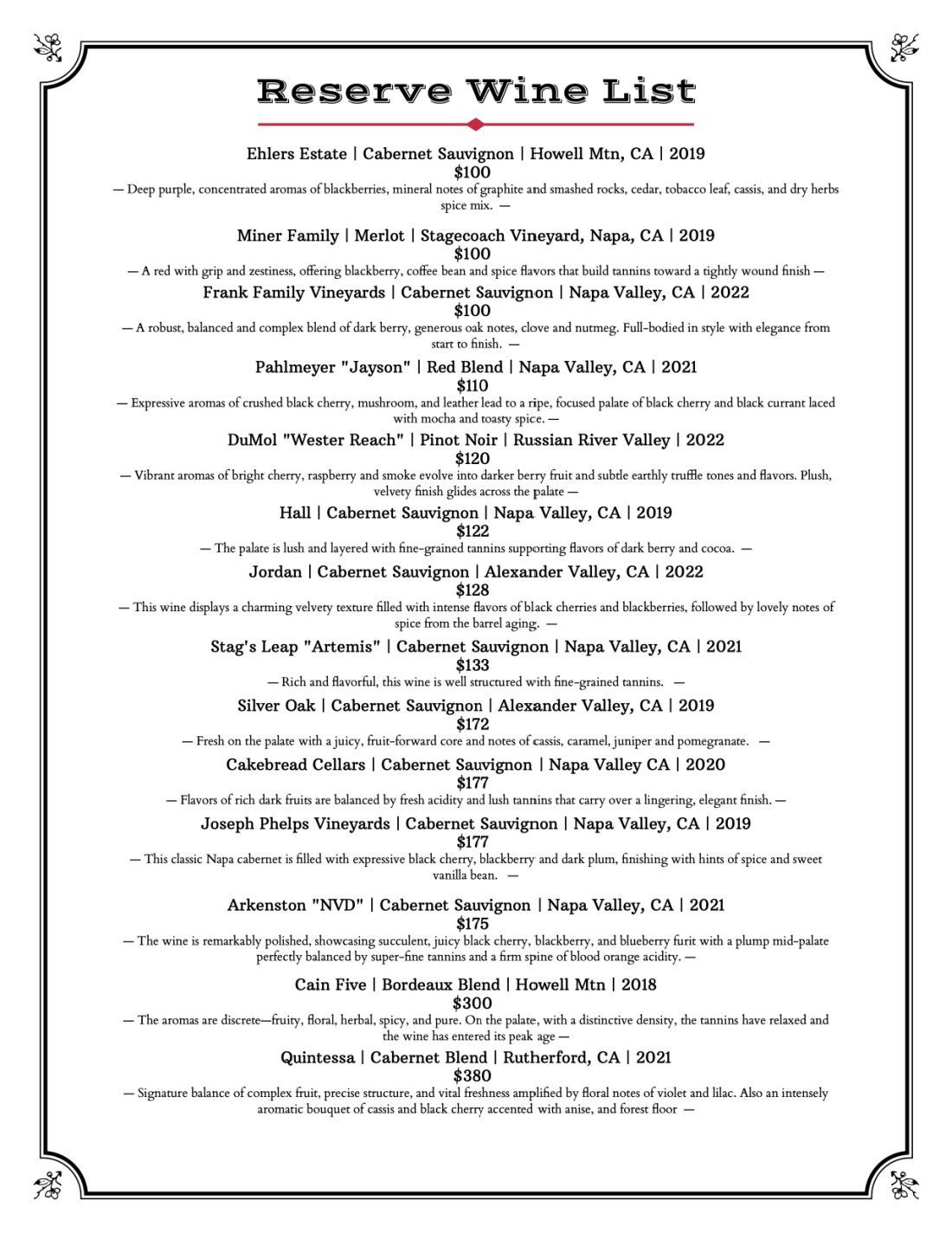 reserve wine list