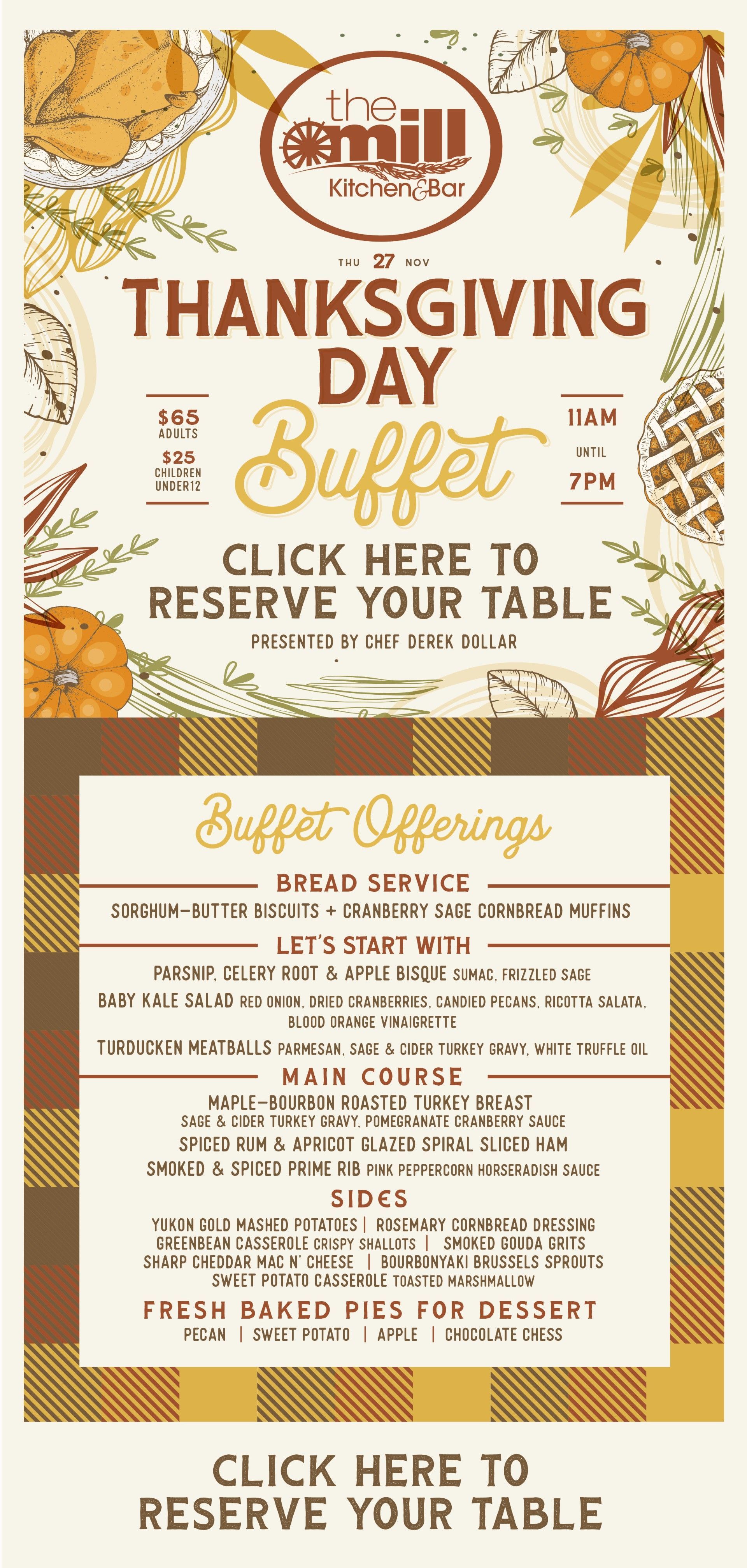 Thanksgiving Day Buffet advertisement. Features pumpkins, text, and a