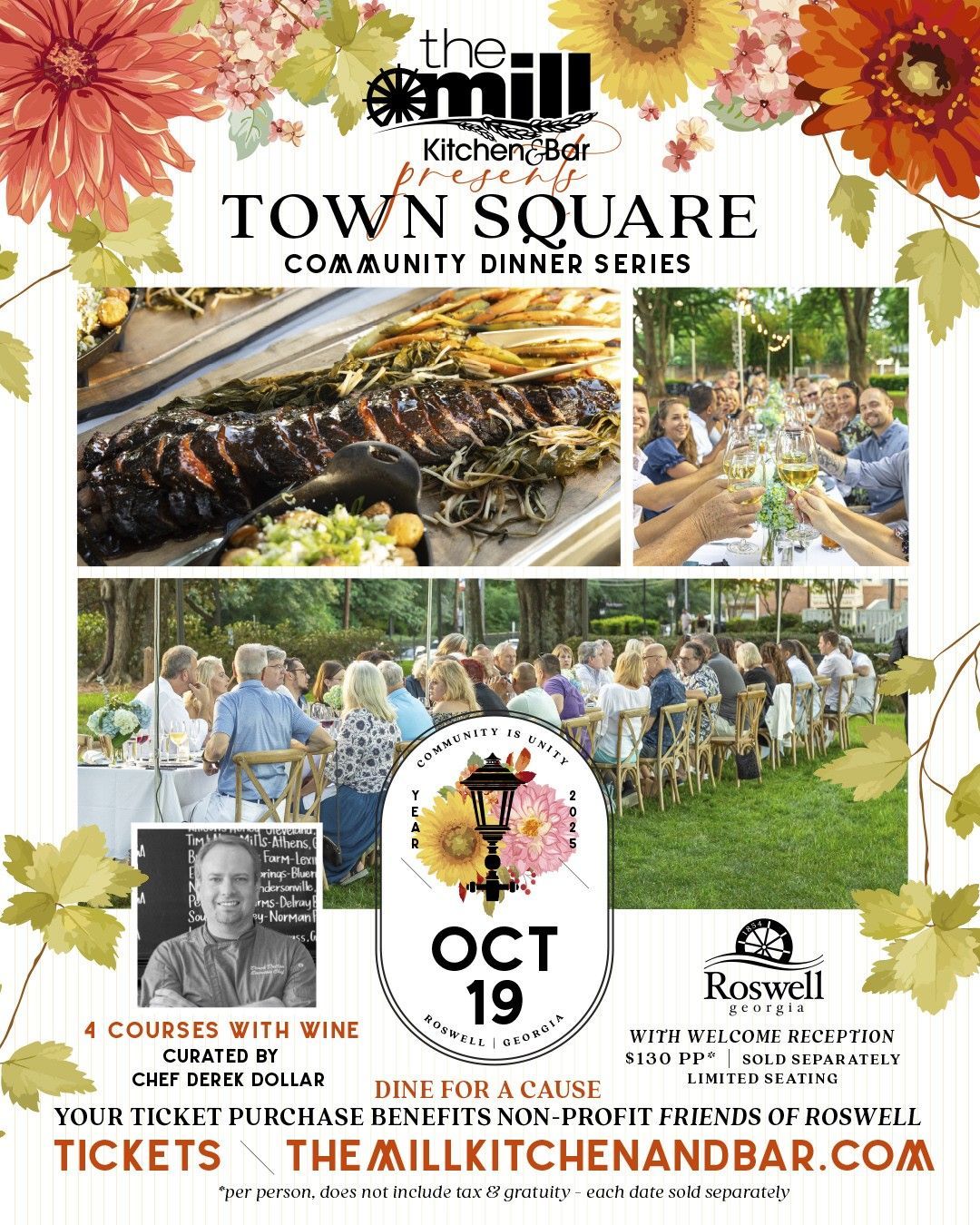 Poster for The Mill Kitchen & Bar Town Square Community Dinner Series on Oct 19, with a 4-course meal and wine.