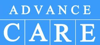 A blue and white logo for advance care