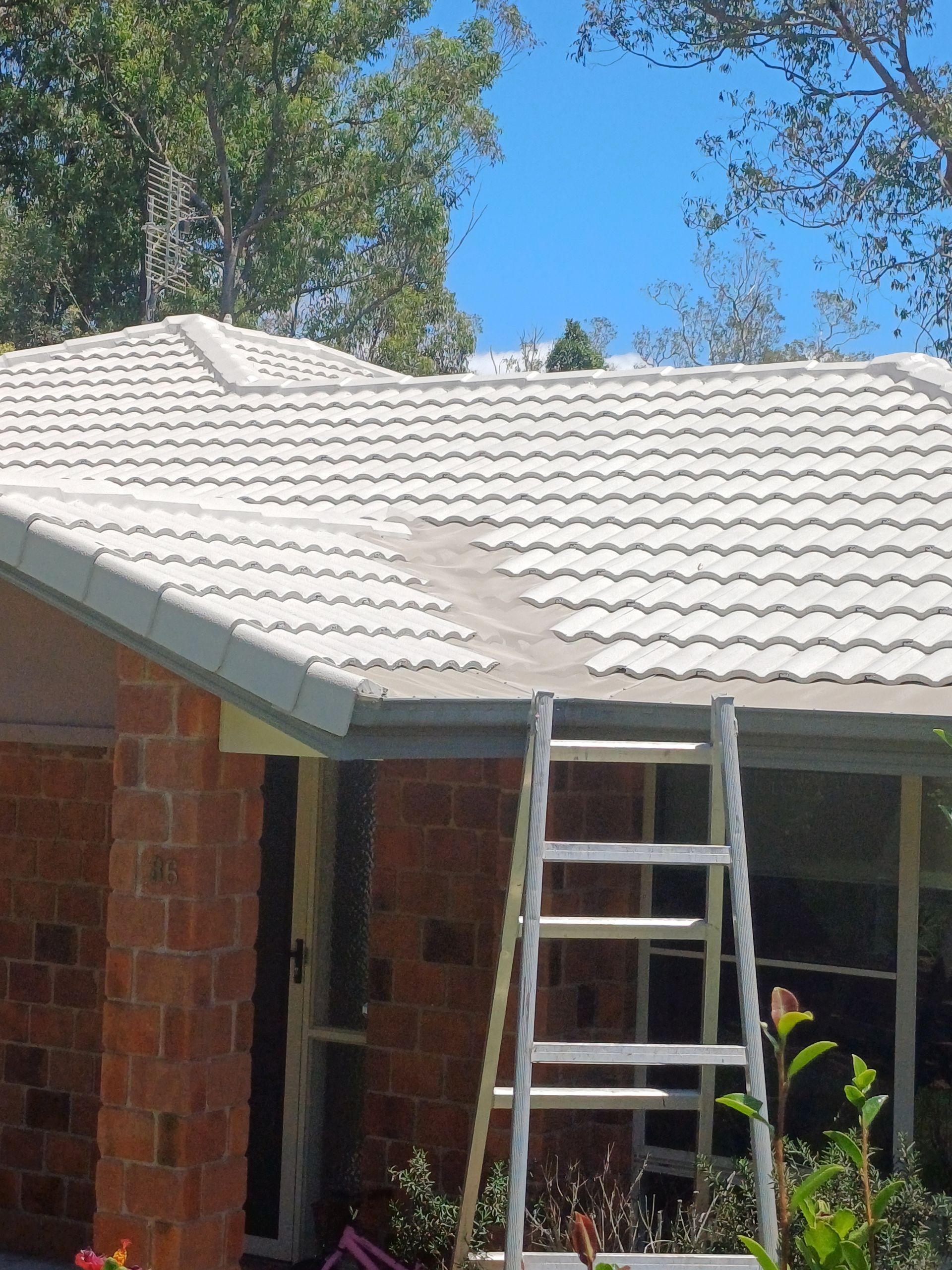 A House With A White Tiled Roof And A Ladder In Front Of It — Rooftech Roofing Services in Goonellabah, NSW