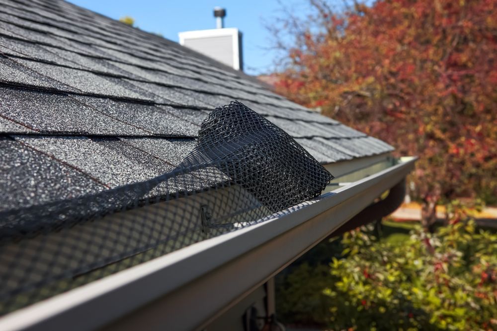 A Gutter With A Mesh On It And A Roof In The Background — Rooftech Roofing Services in Ballina, NSW