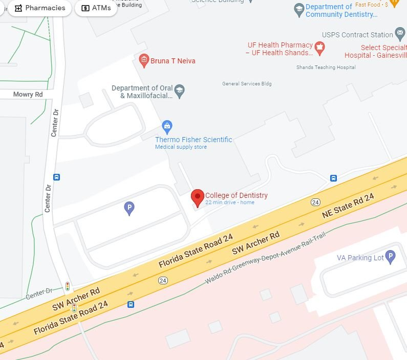 Map of area surrounding University of Florida College of Dentistry and UF Health Shands Hospital, including the Visitor and Patient Parking Garage