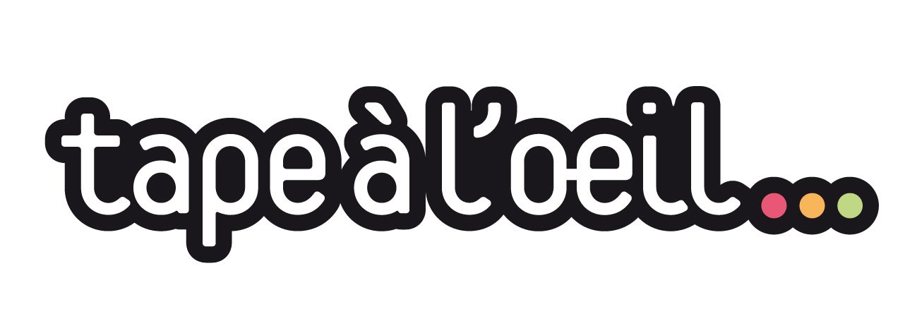 Logo for Tape à l'oeil, a children's clothing brand. Text in white with a black outline, and colorful dots at the end.