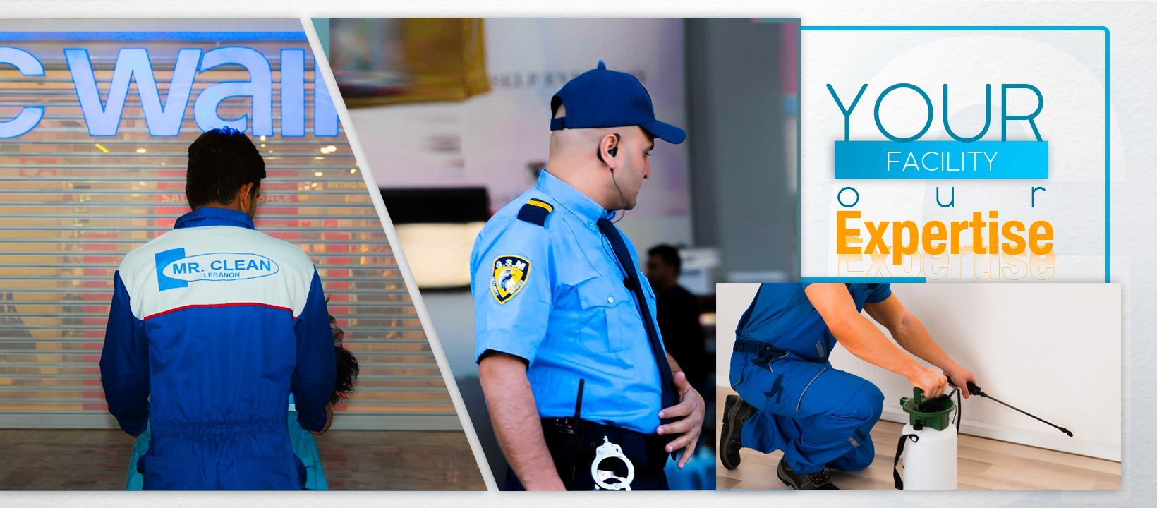 Workers in blue uniforms, a security guard, and pest control expert with a sign that says 