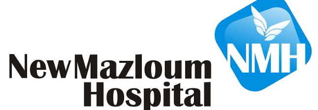 Logo for New Mazloum Hospital, featuring text and a blue emblem with 