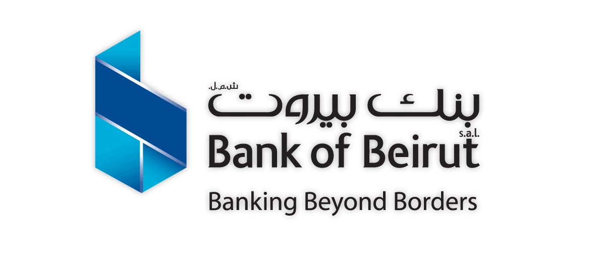 Bank of Beirut logo: blue geometric shape with Arabic and English text, 