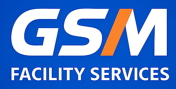 Logo for GSM Facility Services; white text on blue; orange slash through the 