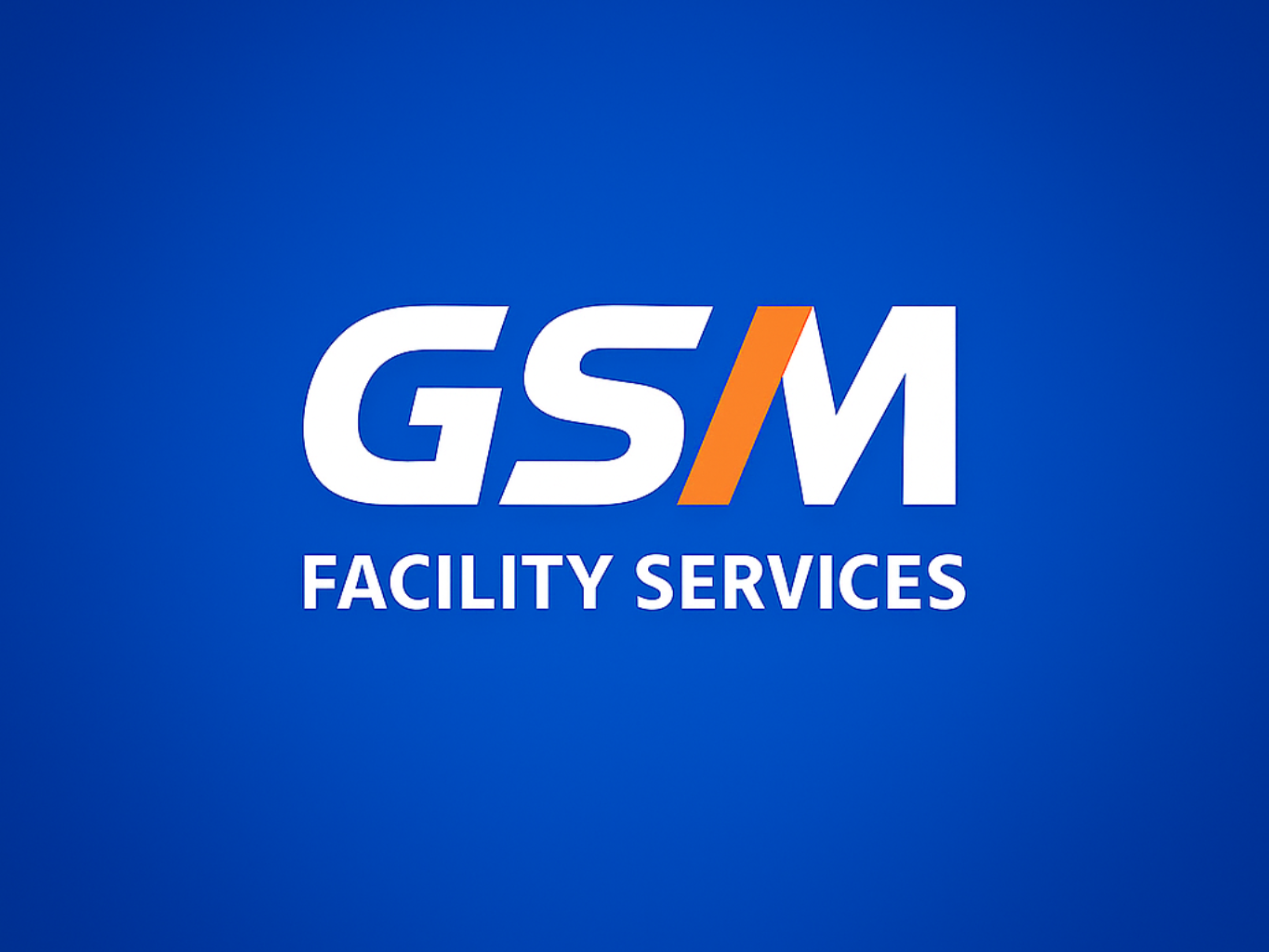 Logo for GSM Facility Services; white text on blue; orange slash through the 