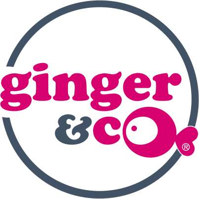 Logo for Ginger & co: pink text on white inside a grey circle. Features a stylized fish.