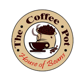 Coffee Pot logo: beige circle with brown text, a cup, and a bag of beans. 