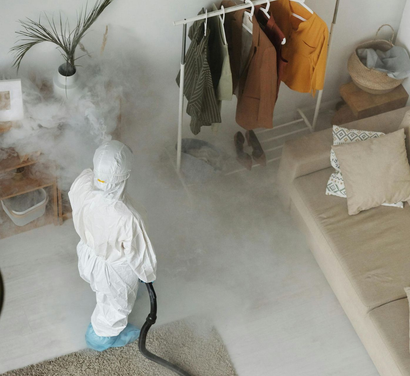 A person in blue coveralls cleaning a storefront window, a 