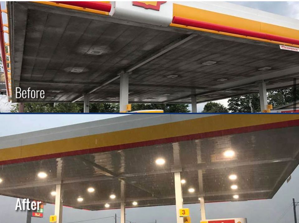 Before and after photos of a Shell gas station canopy; grimy ceiling cleaned, brighter with new lights.