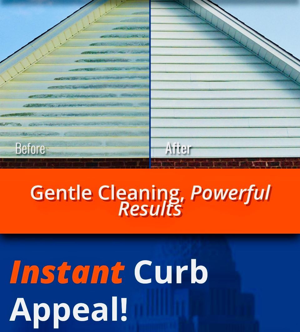 Before-and-after comparison of a house's siding. The left side is dirty, the right side clean. Text: 