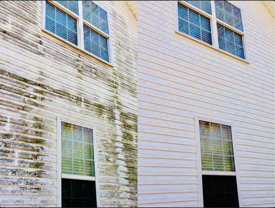 Before and after of white house siding cleaned, showing significant improvement in appearance.