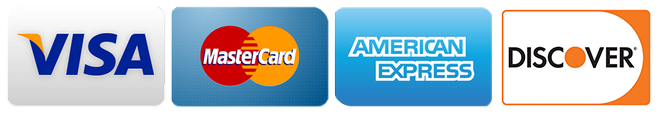 Logos of Visa, Mastercard, American Express, and Discover credit cards.