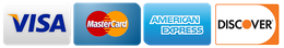 Logos of Visa, Mastercard, American Express, and Discover credit cards.