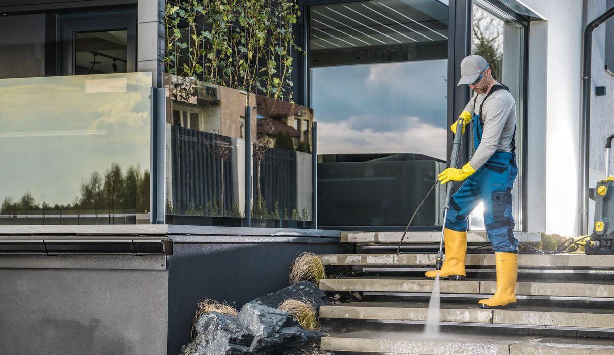 Man power washing stone steps, wearing blue overalls and yellow boots/gloves, near a modern building.