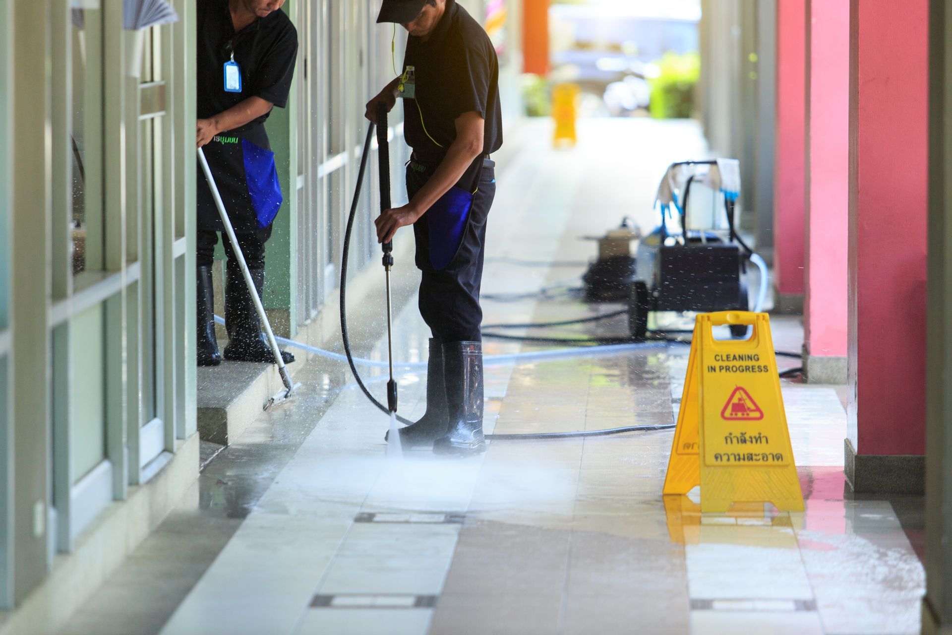 Two people power washing a sidewalk near a building. Wet floor sign is in place.