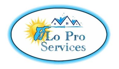 Logo for Lo Pro Services: A blue pressure washer nozzle over a sun, houses, and text.