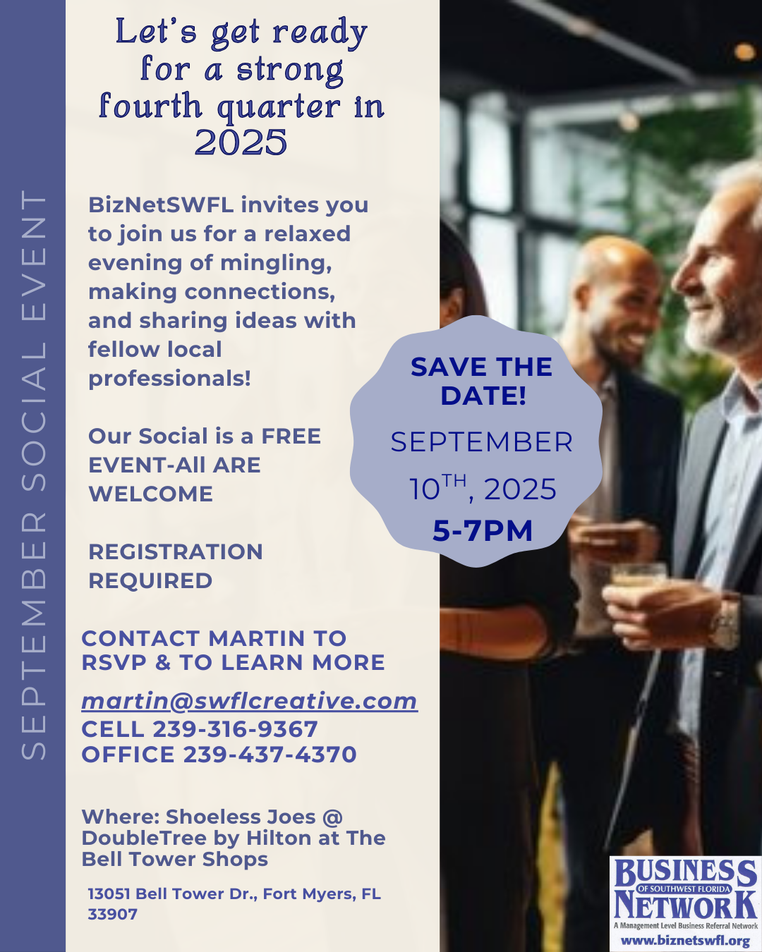 Flyer for a free social event in Fort Myers, FL: networking for local professionals, September 10, 2025, 5-7 PM.