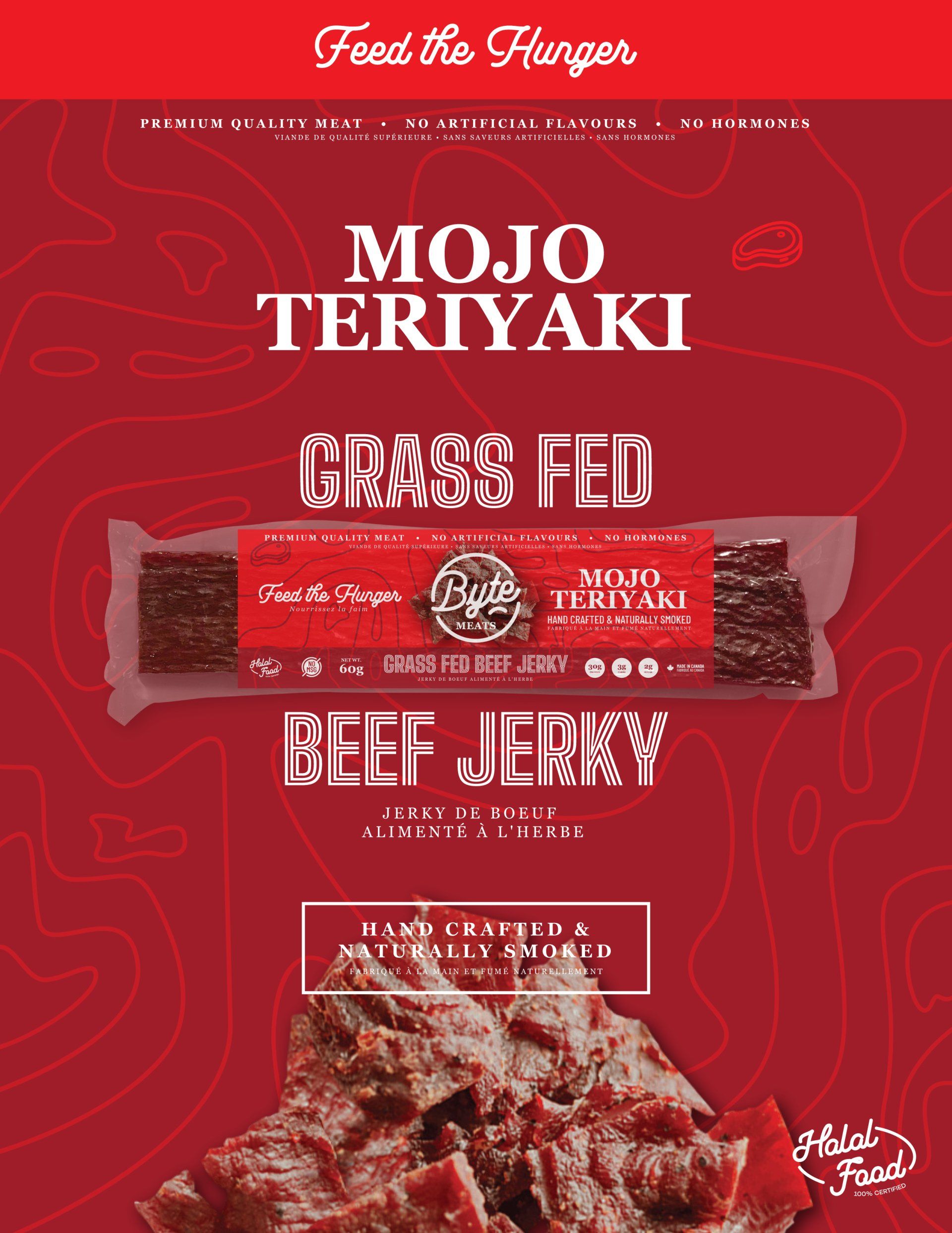 A poster for mojo teriyaki and beef jerky