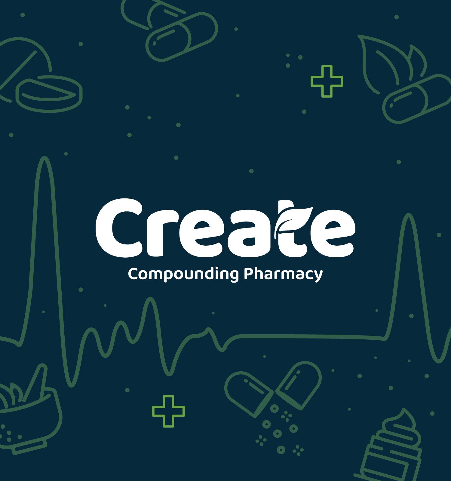 A logo for create compounding pharmacy with a blue background