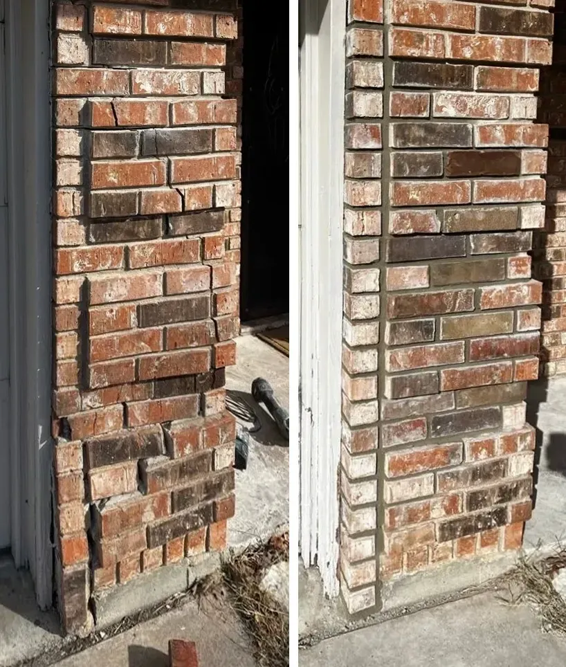 Two photos show a brick pillar with a deteriorated facade. Repair work has been done on the right side, with fresh mortar visible.