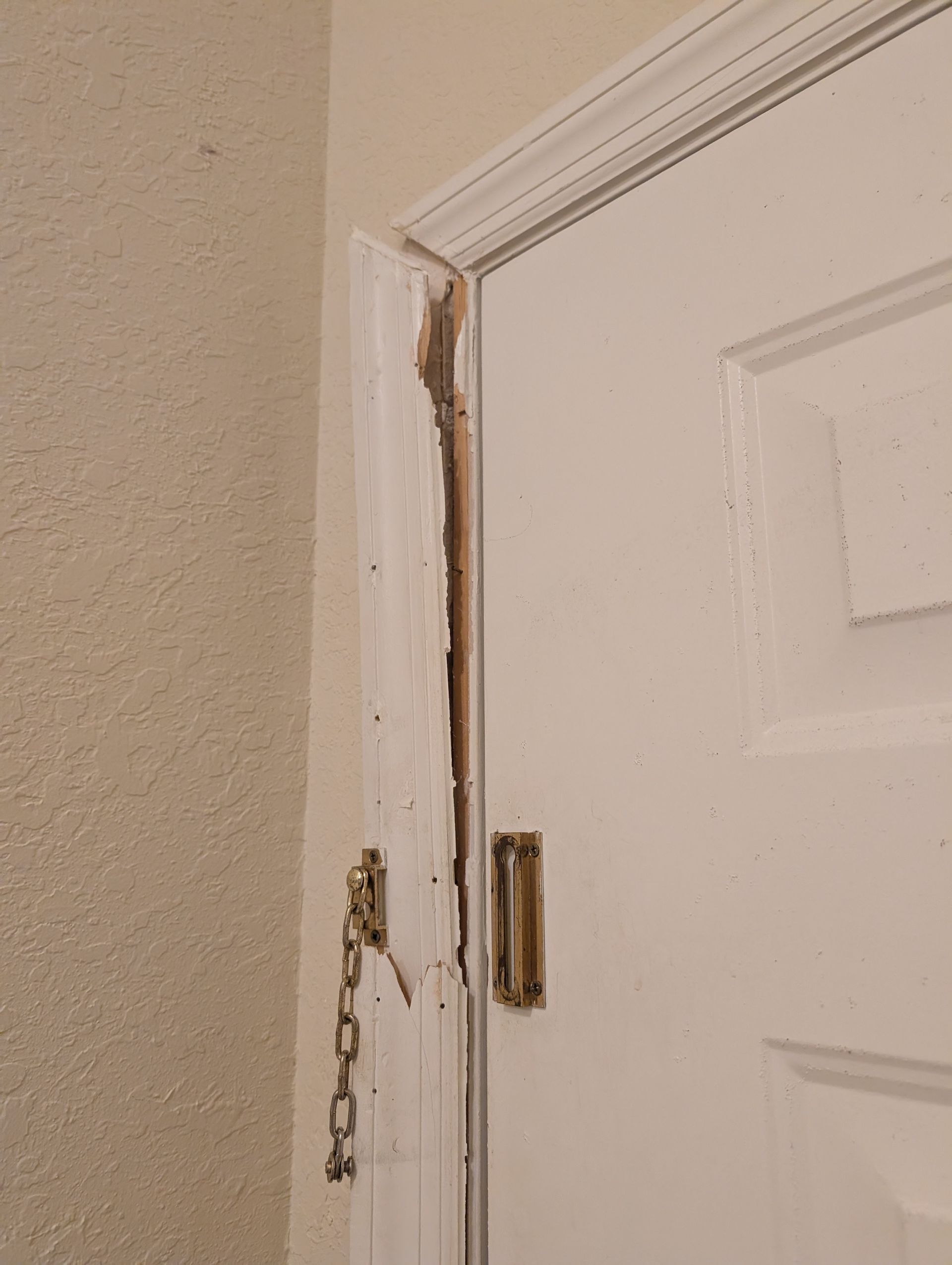White doorframe with significant wood damage; brown rot visible.