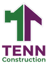 Logo: Green and purple hammer-shaped arrow above "TENN Construction" in purple, "Construction" in green.