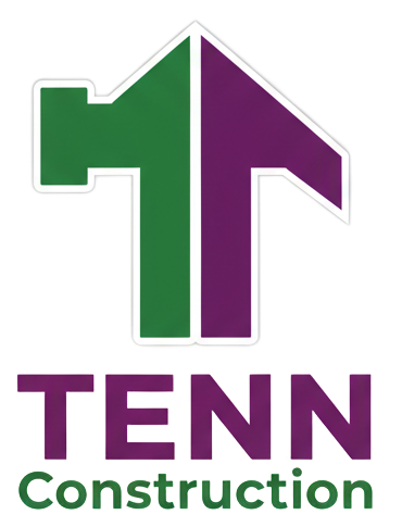 Logo: Green and purple hammer-shaped arrow above "TENN Construction" in purple, "Construction" in green.