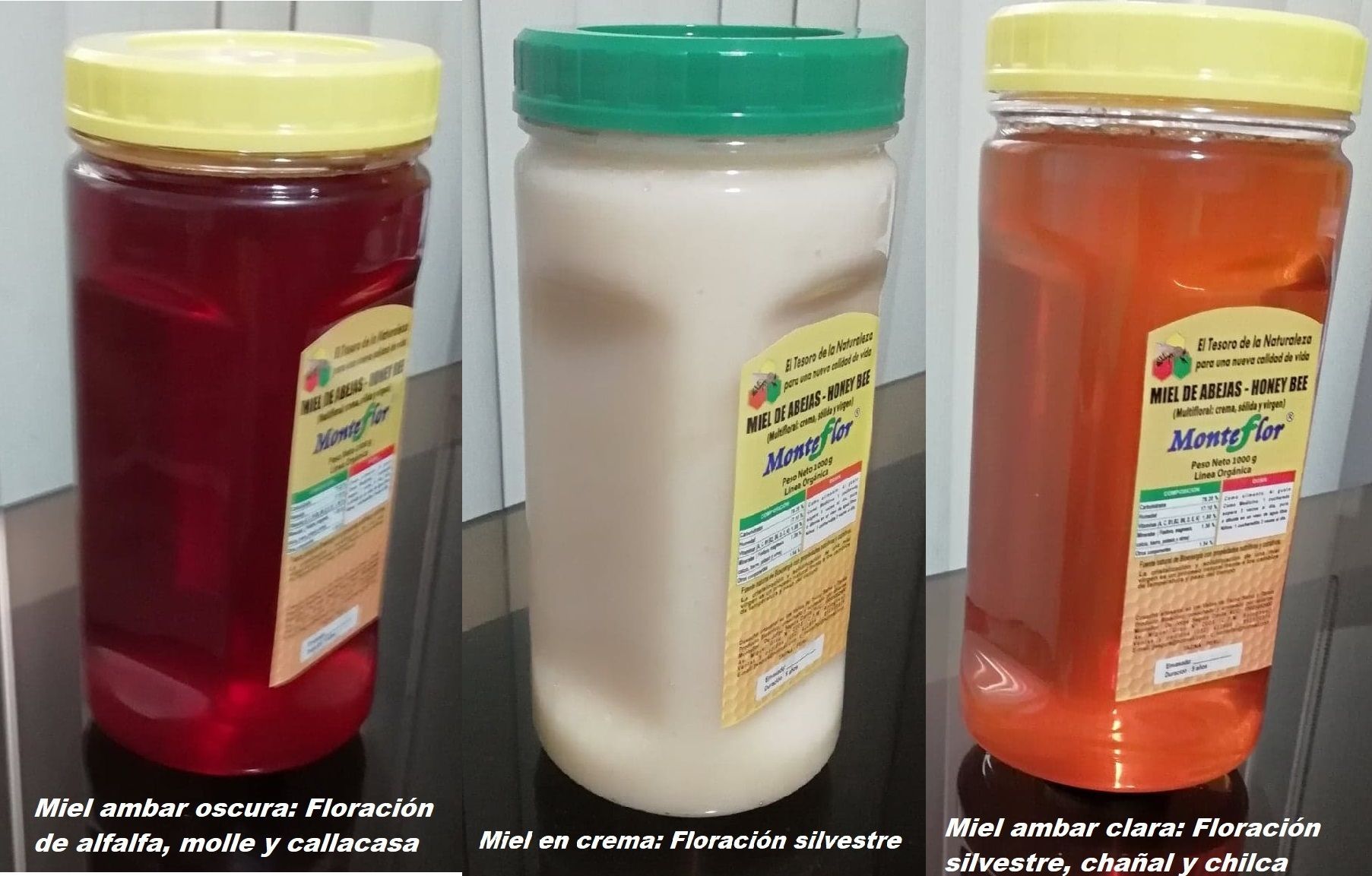 Hay tres frascos de diferentes tipos de miel sobre una mesa.