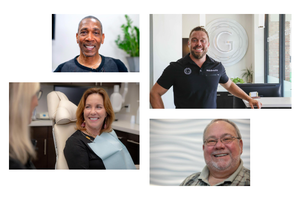 A collage of four pictures of people smiling in a dental office