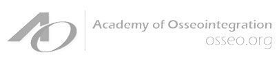 The logo for the academy of osseointegration is black and white.