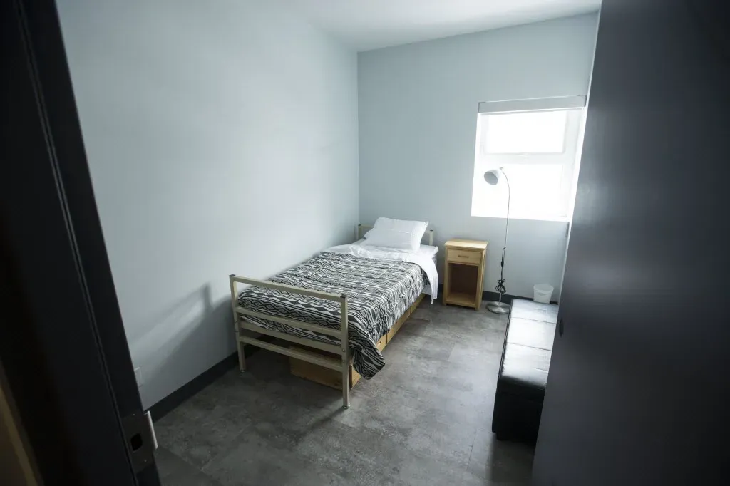A row of green cots are lined up in a room.
