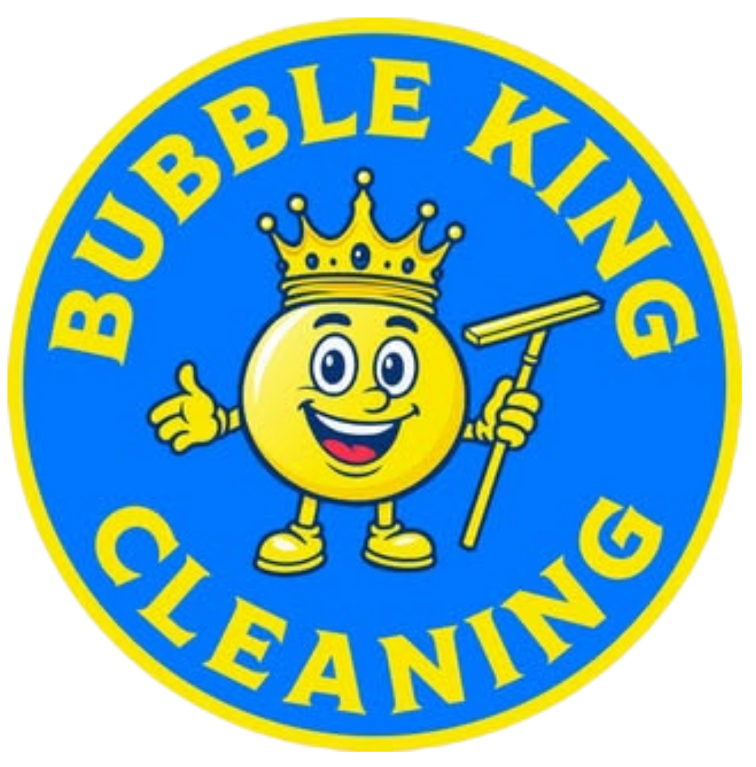Blue circular Bubble King Cleaning logo with smiling crowned bubble mascot holding a squeegee and thumbs-up
