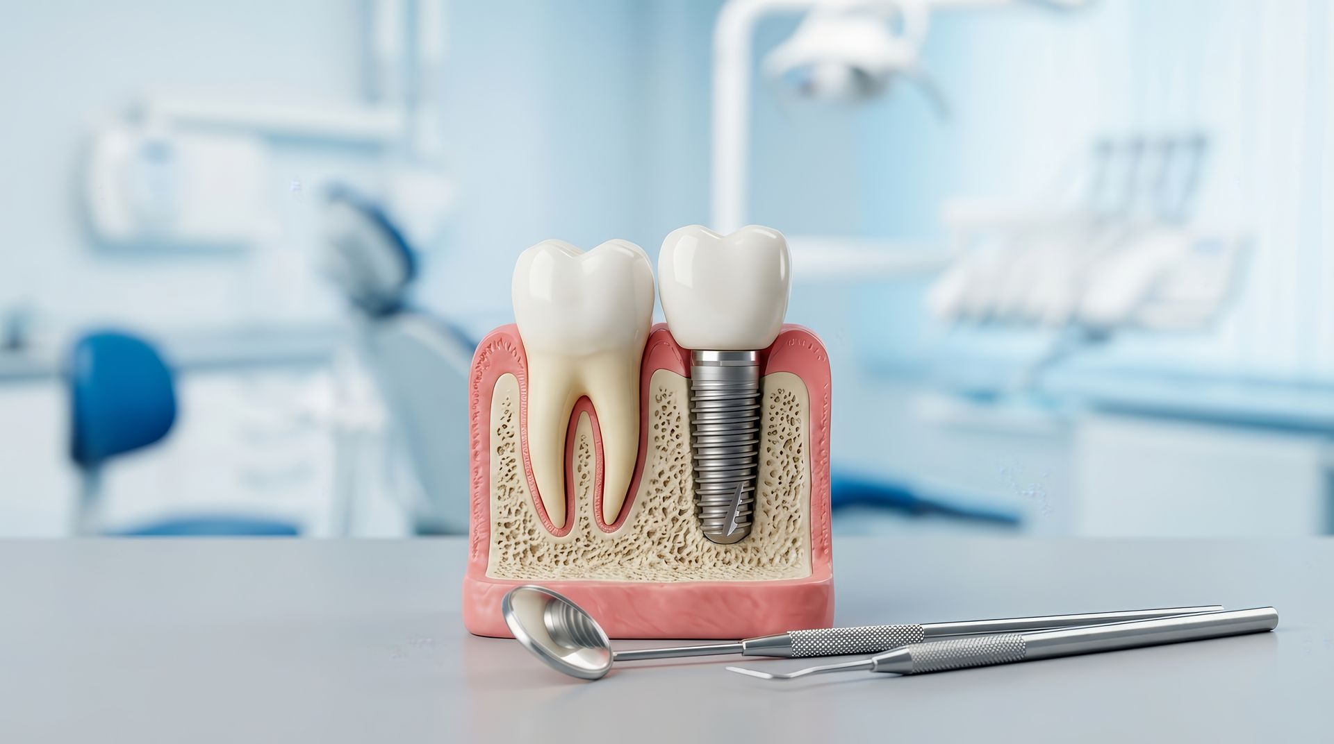 Dental model showing a natural tooth next to an implant with tools for restorative dentistry care.