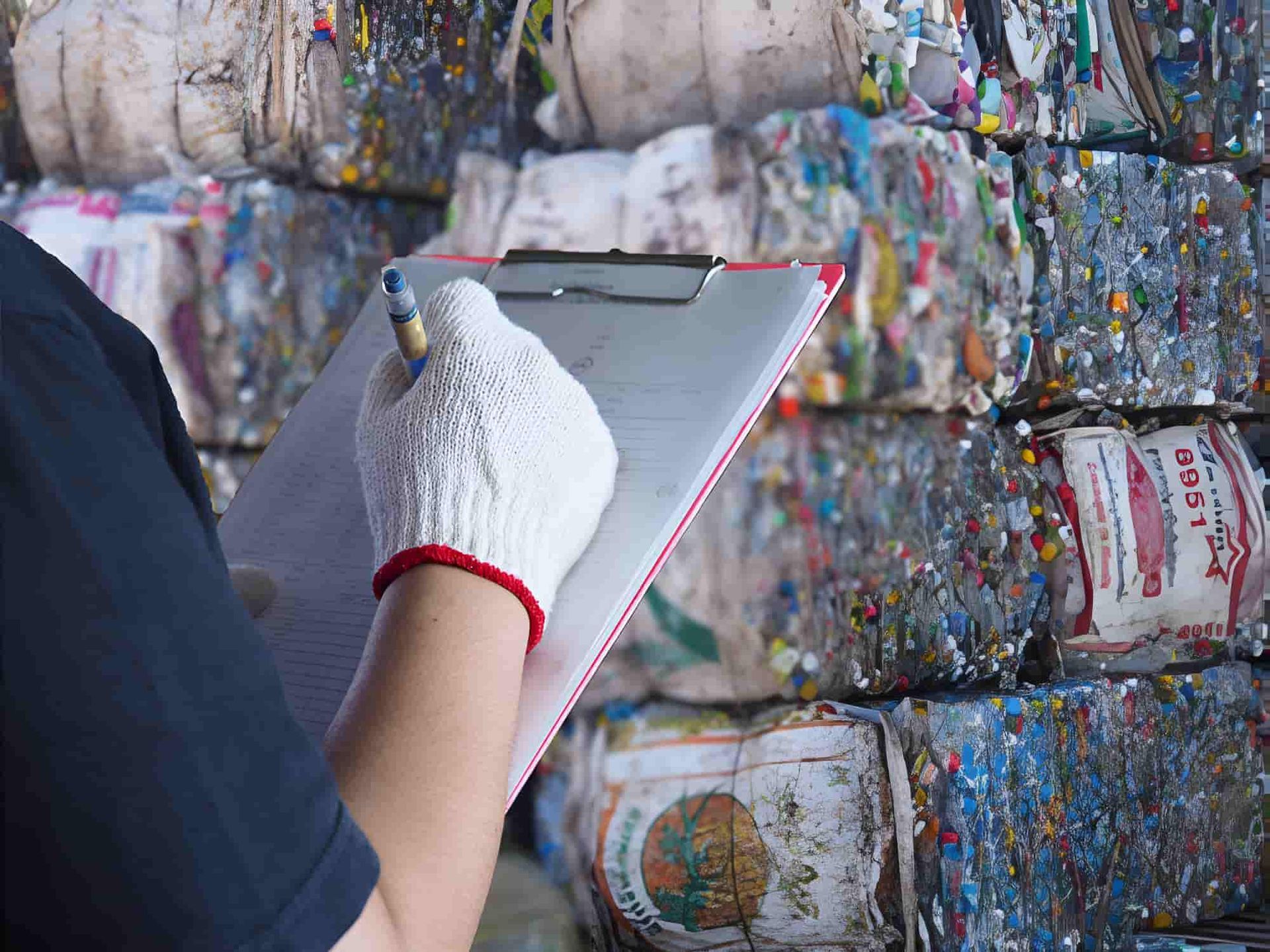 A Person Is Writing On A Clipboard In Front Of A Pile Of Plastic Bottles — North Queensland Recycling Agents In Bungalow, QLD