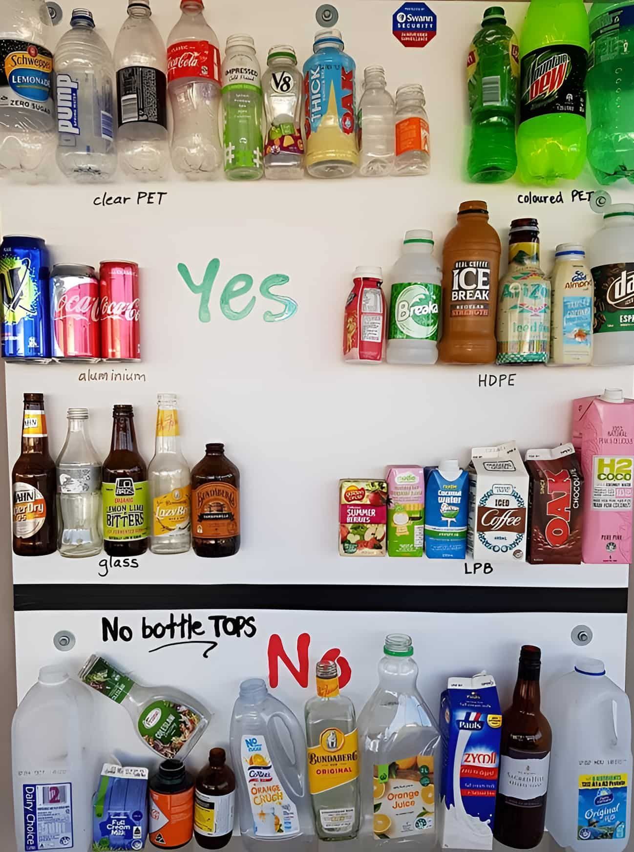 A Shelf Full Of Bottles And Cans With A Sign That Says Yes And No Bottle Tops — North Queensland Recycling Agents In Bungalow, QLD