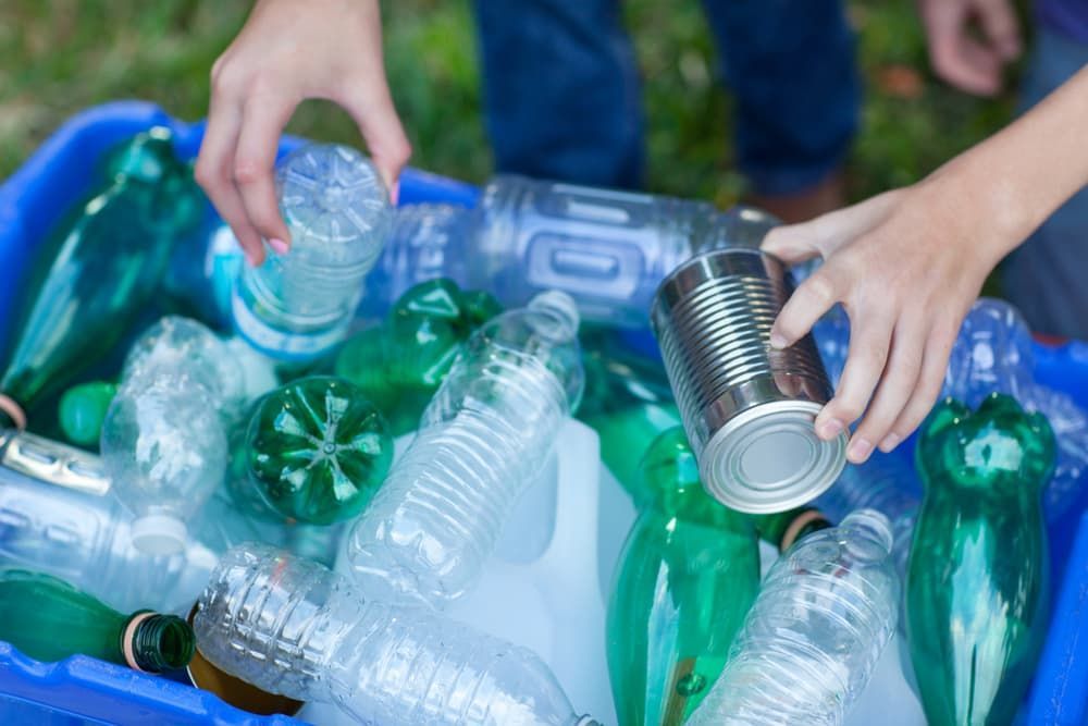 Hands Sorting Plastic Bottles and a Tin Can in a Blue Recycling Bin