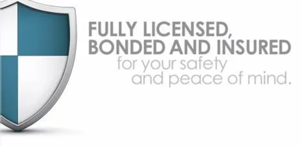 A shield with the words fully licensed bonded and insured for your safety and peace of mind