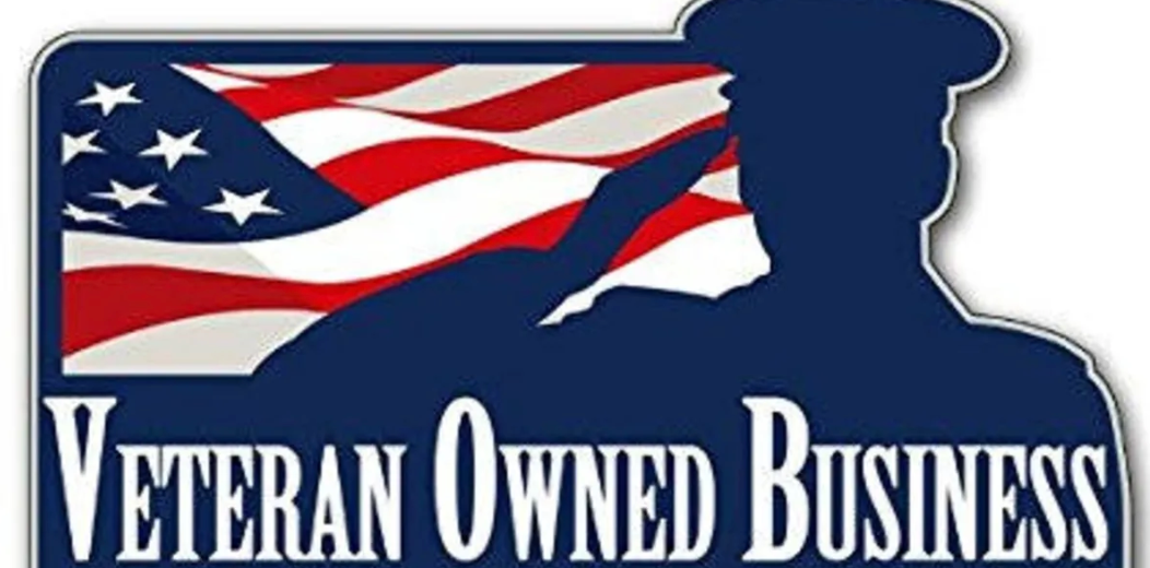 A veteran owned business logo with an american flag