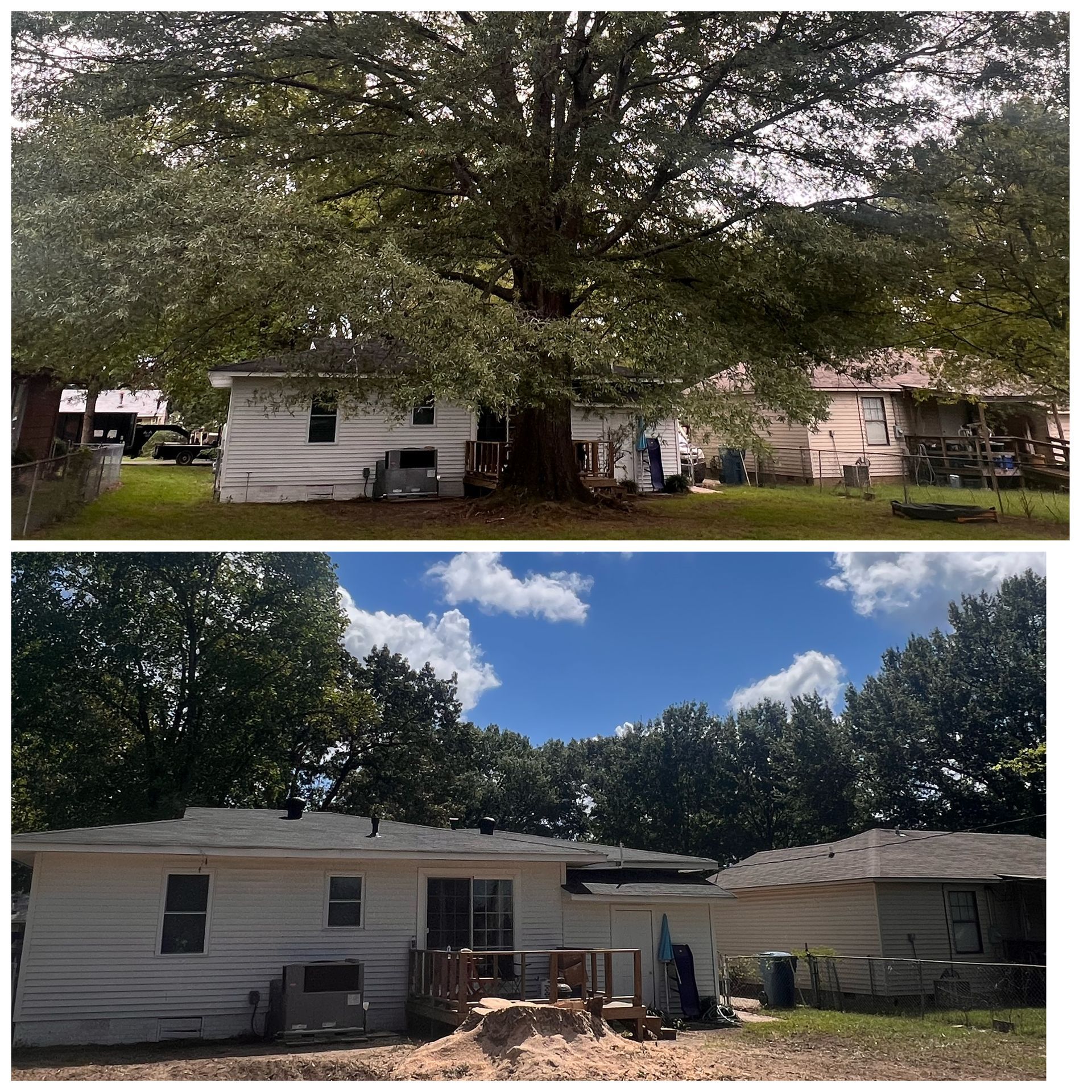A before and after picture of a house with a tree in the backyard