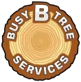 A busy b tree service logo with a tree stump in the center
