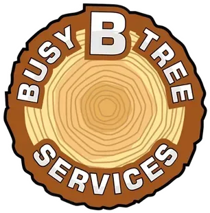 A busy b tree service logo with a tree stump in the center