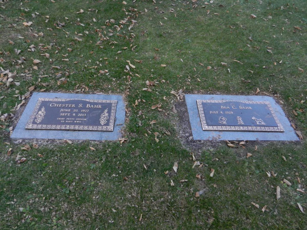Two graves in a cemetery with a few leaves on them