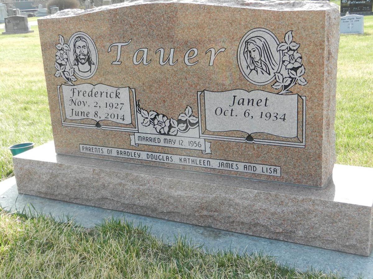 A gravestone for janet and frederick tauer in a cemetery